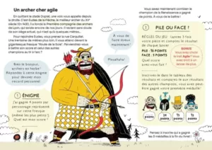 Image montrant un exemple du contenu du livret d'énigmes imaginé pour l'événement Re Lyon Nous. On y voit notamment un archer médiéval qui met au défi les lecteurs et lectrices près du siège historique de la Première Compagnie des Archers de Lyon